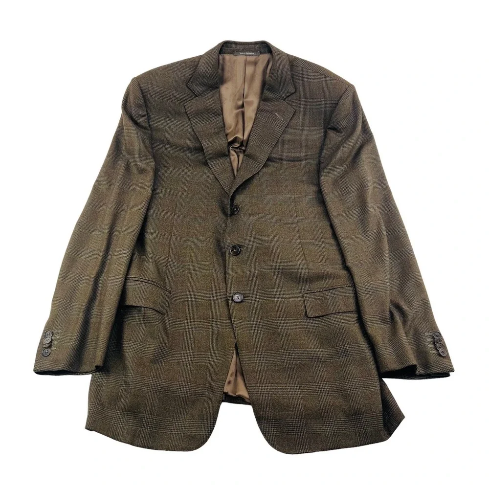 Ermenegildo Zegna Brown & Blue Glen Plaid 3 Button 2 Vent Blazer Mens Size‎ 44L